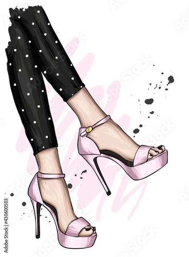 Women's legs in stylish high-heeled shoes and trousers. Fashion and style, clothing and accessories. Vector illustration.
