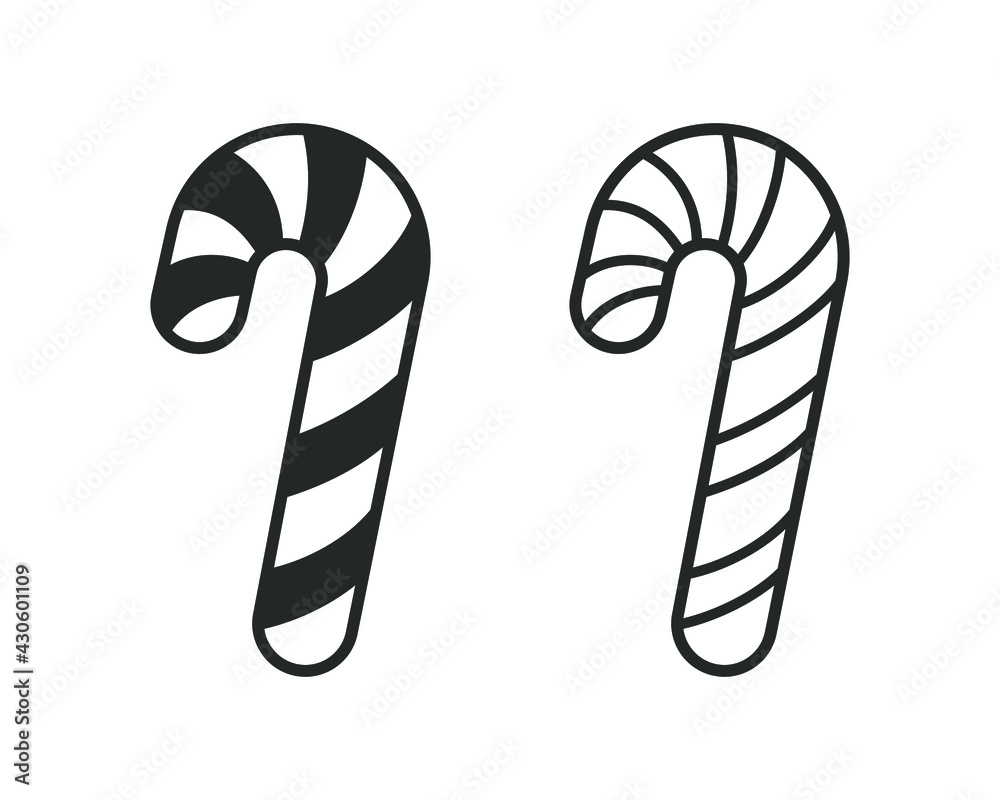 Candy cane cartoon flat silhouette and outline illustration. Sign