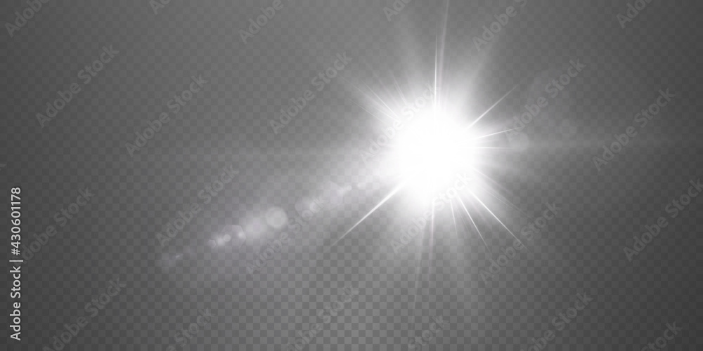 Sun with glare on a transparent background. Star shines with pleasant rays on a white isolated background. Vector illustration.
