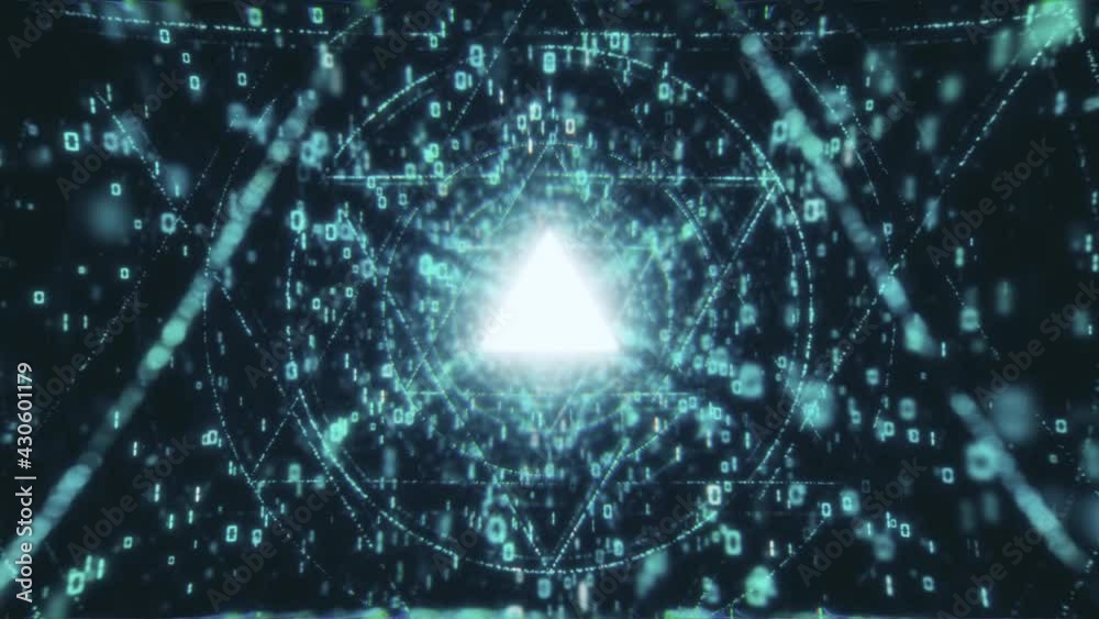 Digital Data tunnel journey. Loopable matrix core tunnel of binar lights animation in 4k. Shot inside fibre optic cable. Transmission of digital information as a binary signal
