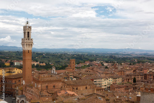 Siena,Top view of the Old Town - Piazza del Campo, Palazzo Pubblico di Siena, Torre del Mangia. Tuscany, Italy