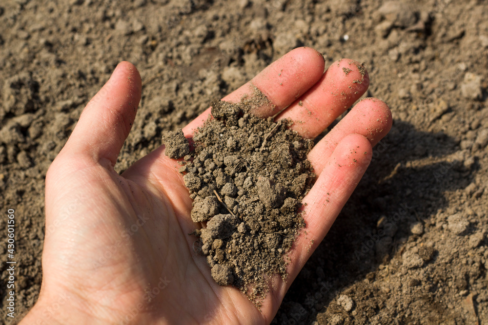 Hand holding pieces of soil. Drought concept Hand holding pieces of soil. Drought concept