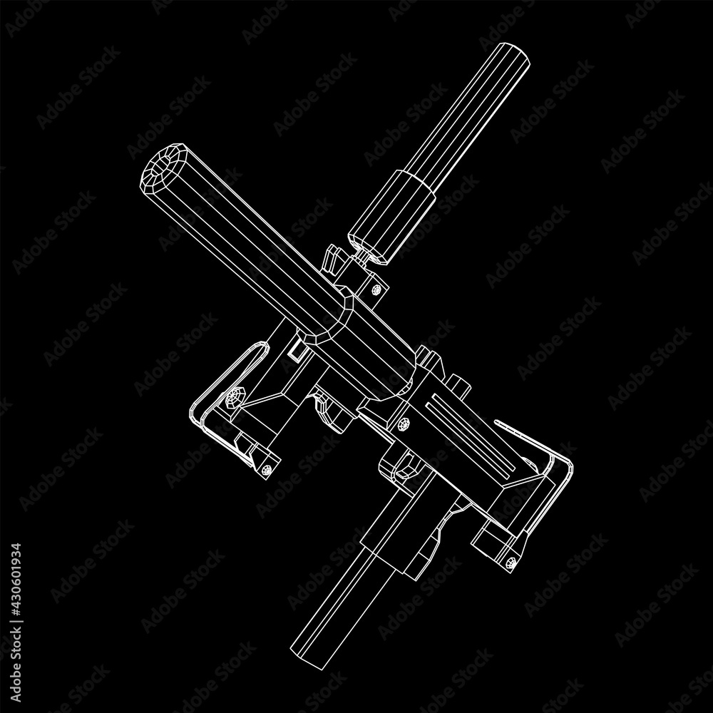 Submachine gun modern firearms pistol with silencer. Wireframe low poly mesh vector illustration. Submachine gun modern firearms pistol with silencer. Wireframe low poly mesh vector illustration.