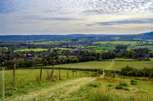 North Downs near Otford in Kent, UK. Scenic view of farmland and a view over the village of Otford. Otford is located on the North Downs Way and is a good base for exploring the countryside. photo