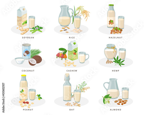 Vegan milk set, almond, soybean, rice, hazelnut, coconut, cashew, hemp, peanut, oat milk. Varius bottles, packages, glasses, jugs with plant milk and nuts collection of vector illustrations.