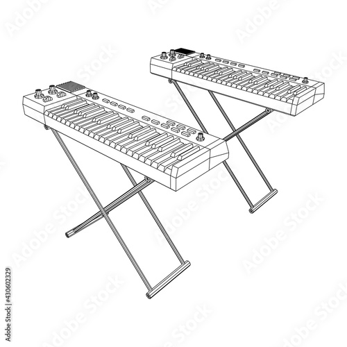 Piano roll analog synthesizer faders buttons knobs. Wireframe low poly mesh vector illustration.