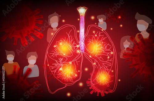 Human lung. lung damage from the corona virus Covid 19. COVID-19 People wearing a face mask, Coronavirus Disease, Health Care and Safety. The technology concept.