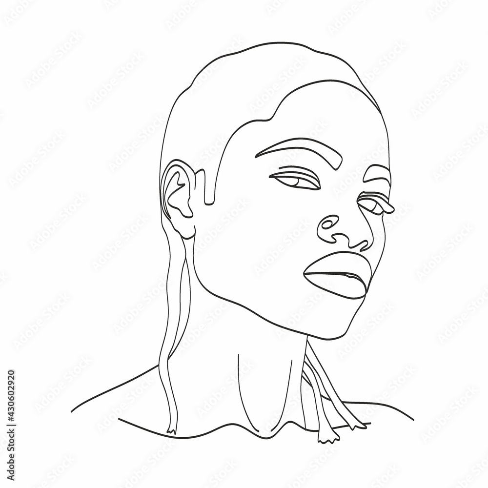 Line Art Woman Face Drawing. Black Woman Vector. Afro American Female Logo. Contouring Line. Minimalist Face. Beauty salon