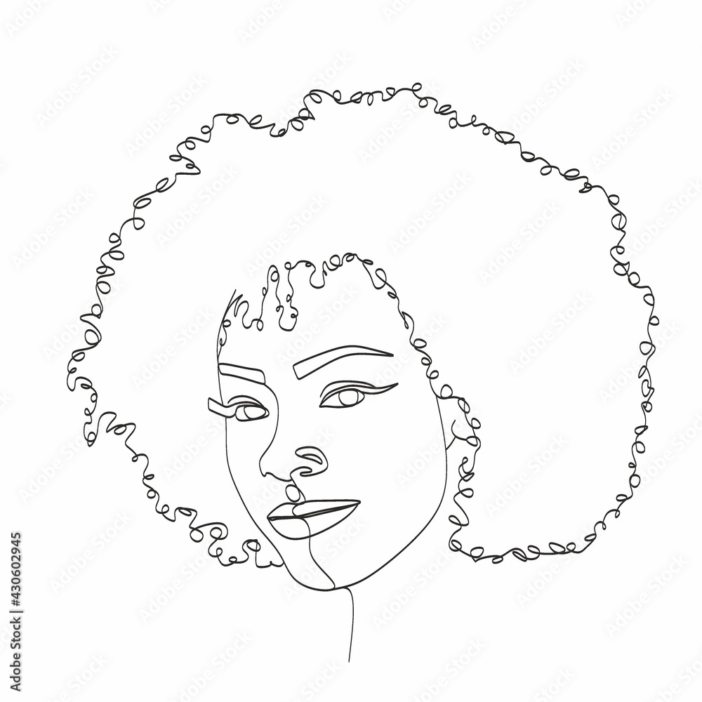 Line Art Woman Face Drawing. Black Woman Vector. Afro American Female