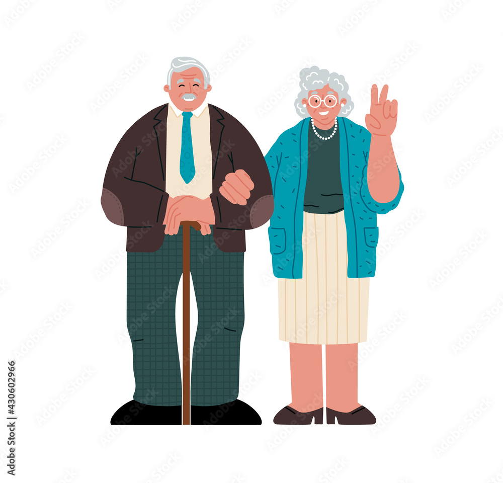 A senior couple standing together on white background.Vector flat illustration.Grandmother make peace sign with hand.