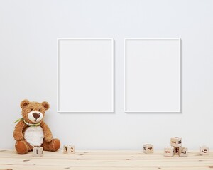 Two nursery frames mockup, 2 blank frames hanging on wall in baby room, soft toy bear and wooden blocks on shelf.