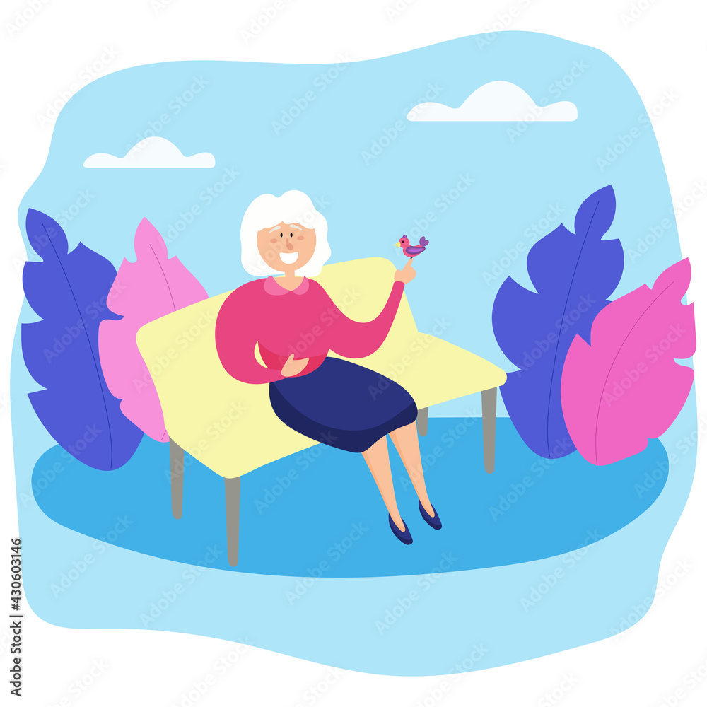 Grandmother on a park bench with a bird. An elderly woman spends time outdoors. Grandmother on a park bench with a bird. An elderly woman spends time outdoors.