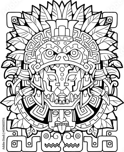 aztec head ethnic pattern, coloring book outline illustration