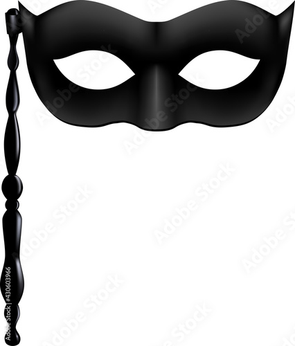Vector image of a black carnival mask with a handle isolated on the white background.