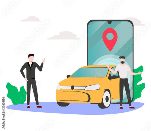 Man wait for taxi driver vector illustration concept, Online car sharing with cartoon character and smartphone. Can use for landing page, template, ui, web, mobile app, poster, banner or flyer.