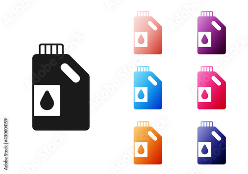 Black Canister for motor machine oil icon isolated on white background. Oil gallon. Oil change service and repair. Engine oil sign. Set icons colorful. Vector