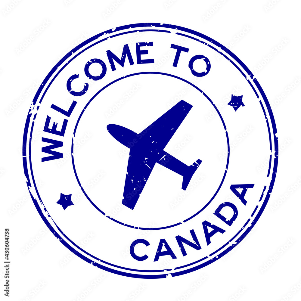 Grunge blue welcome to Canada word with airplane icon round rubber seal stamp on white background Grunge blue welcome to Canada word with airplane icon round rubber seal stamp on white background