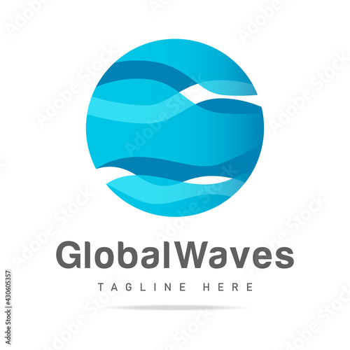 Abstract blue global logo sphere with wavy lines in circle sea waves,ocean,lake,river flow,water vector design template.Icon beach,symbol summer,badge hotel,pictogram tourism,sign voyage,cruise travel