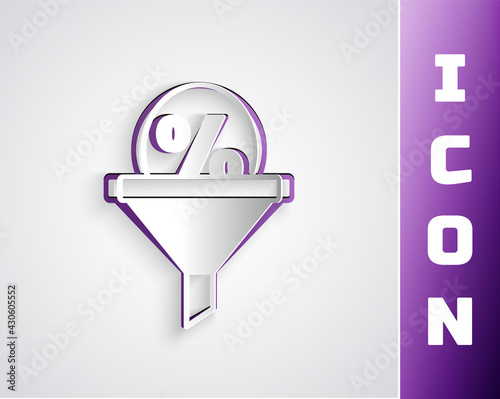 Paper cut Lead management icon isolated on grey background. Funnel with discount percent. Target client business concept. Paper art style. Vector