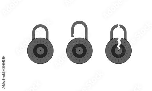 Vector lock set illustrating locked, unlocked and cracked. Isolated on white background representing personal online security concerns
