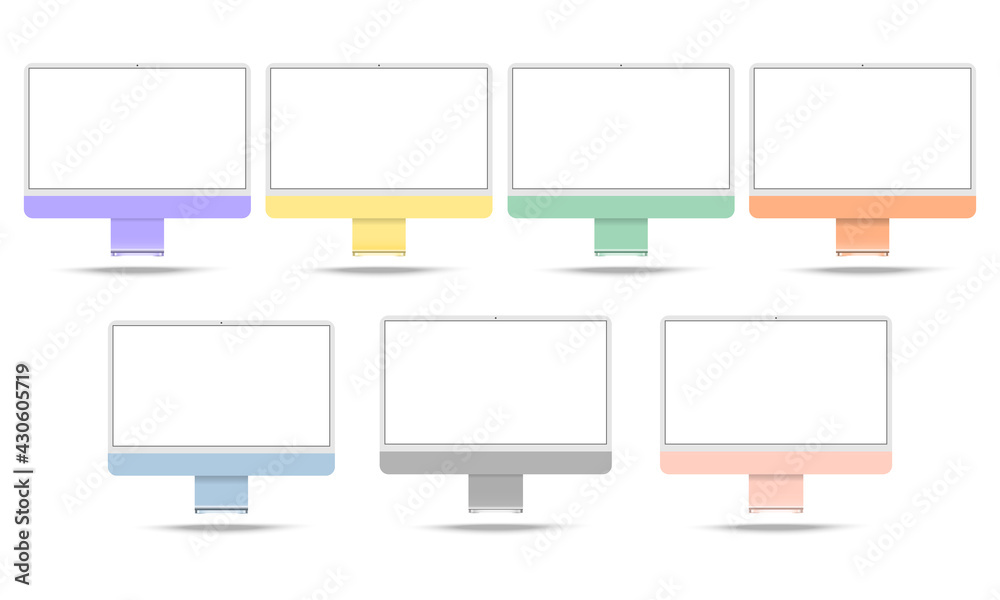 Apple iMac 24 set.Realistic mockups of new iMac 24.Realistic monitor iMac 2021 for computer.Computer display isolated on white background.Vector in EPS10