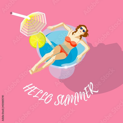 Vector graphics, a girl in a swimsuit swims in a glass with a cocktail