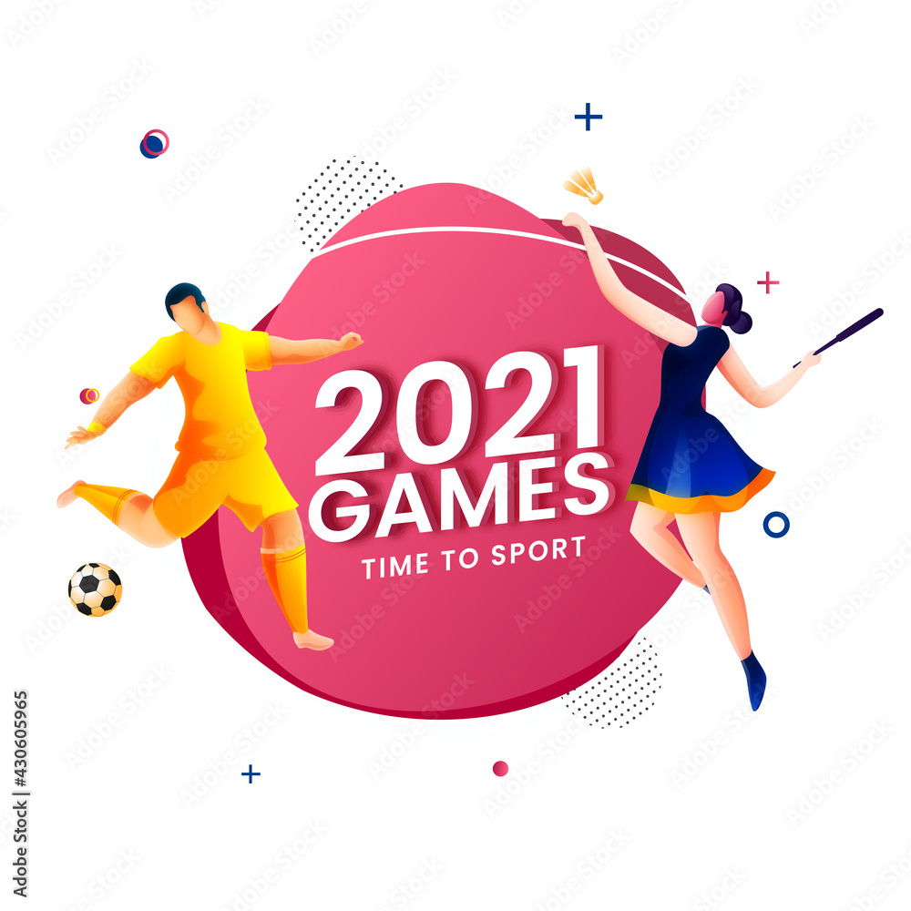 Faceless Footballer Man And Badminton Woman Player In Action Pose For 2021 Games Time To Sport Concept.