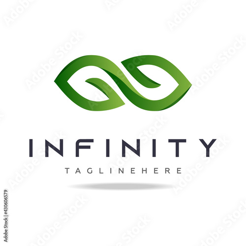 Abstract graphic logo green leaves infinity shape in white background.Design template nature icon,eco bio technology sign,organic symbol,natural cosmetics,vegan food,medical,health and care.Vector