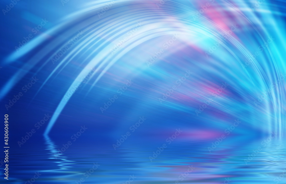 Abstract background. Neon multicolored light reflects on the water. Beach party, light show. Blurry lights glisten on the surface. 3d illustration Abstract background. Neon multicolored light reflects on the water. Beach party, light show. Blurry lights glisten on the surface. 3d illustration