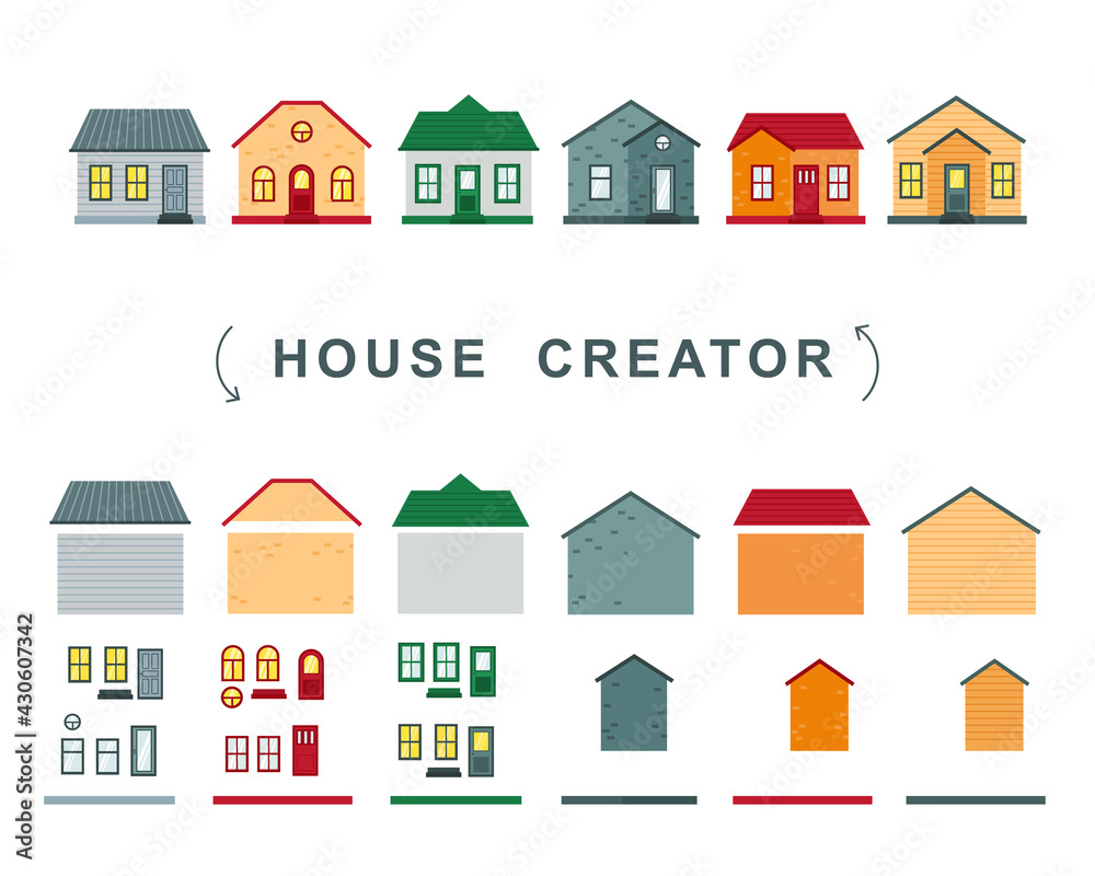 House creator. vector collection of elements roof, windows and walls. House creator. vector collection of elements roof, windows and walls.
