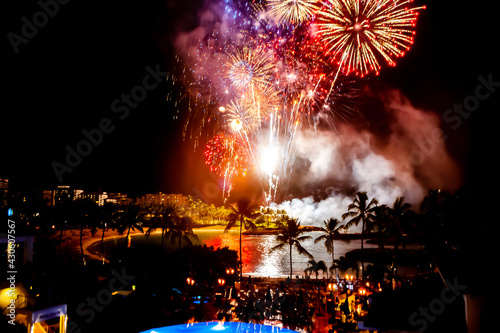 Fireworks display on independence day at Ko Olina beach, Oahu, Hawaii