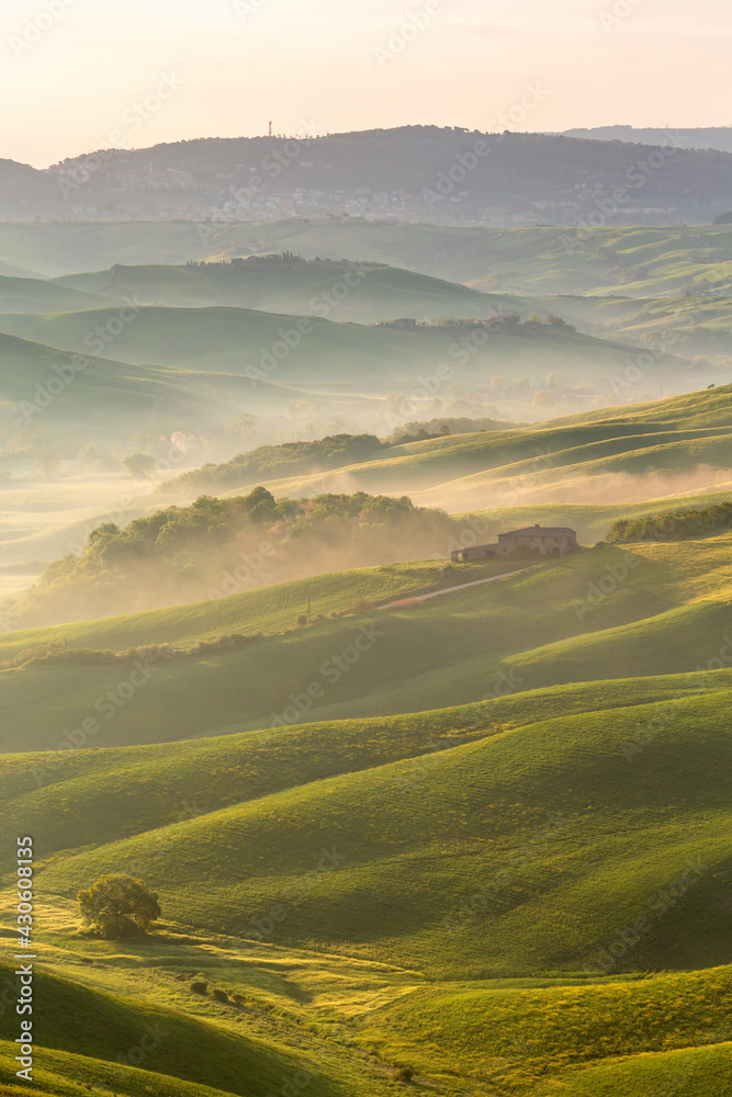 Farm in the rolling fields with fog in the valley at sunrise