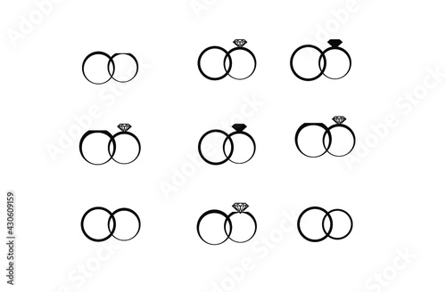 Wedding rings set, silhouette of paired rings vector EPS 10. Redacted document, visiting card design.