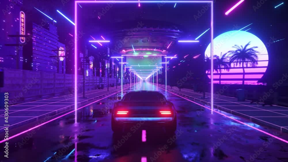 Car and city in neon cyberpunk style. 80s retrowave background 3d ...