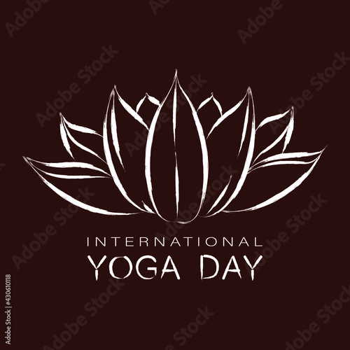 Poster, invitation or card for the International Yoga Day. Image of a lotus flower hand drawn.