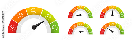 Rating satisfaction mood meter in flat style Rating Feedback Meter Set and smile. Vector illustration of Quality Survey Concept eps 10