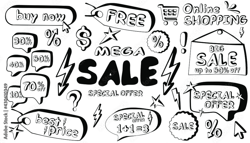 Fototapeta premium Hand drawn vector set of sale elements in doodle style. Online shopping concept. Isolated on white background