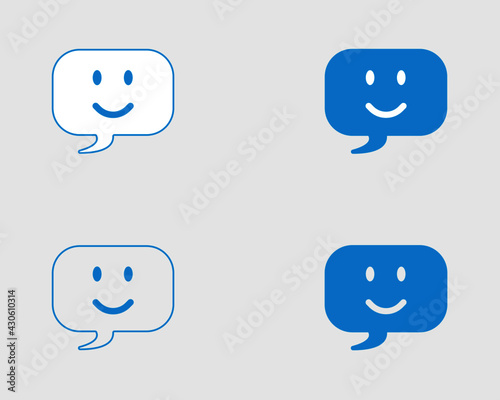 balloon icon with smiley face, speech bubble with emoticon face icon with tick signs for web, app, software use - feedback, rating, satisfaction, customer service concept