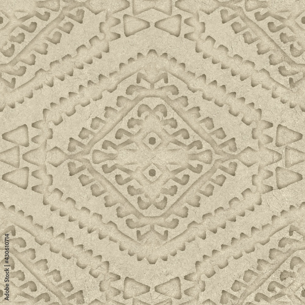 Seamless embossed paper texture for print. High quality illustration. Beige taupe or tan paper texture with embossed abstract ethnic tribal design overlay. Seamless repeat raster jpg pattern swatch.