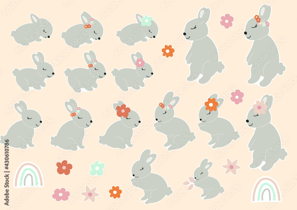 Sticker Pack with Grey Baby Bunnys with a flower on head. Little Sleep Rabbit. Cute Easter Animal. Hares Vector Spring illustration isolated on background. Design for card, print, book, kids story. Sticker Pack with Grey Baby Bunnys with a flower on head. Little Sleep Rabbit. Cute Easter Animal. Hares Vector Spring illustration isolated on background. Design for card, print, book, kids story.