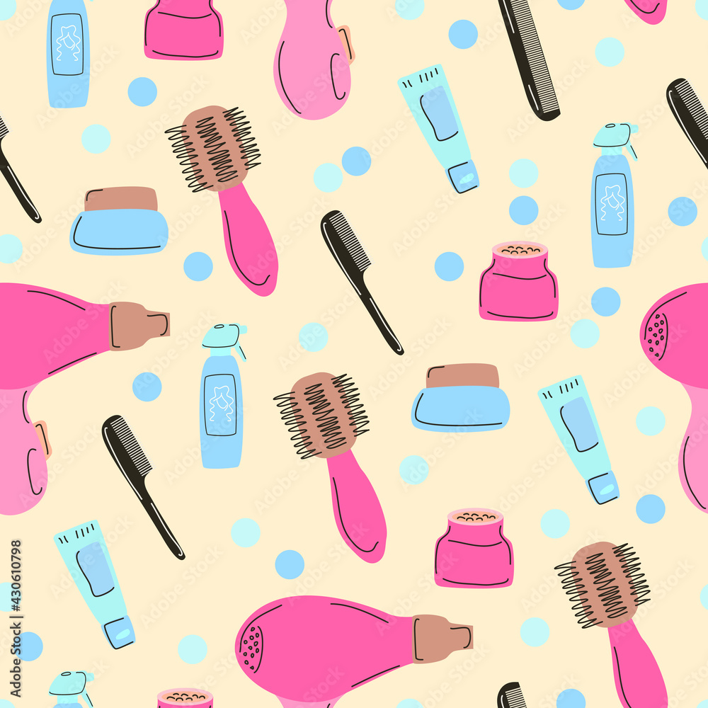 Seamless pattern with hairdryer and combs.