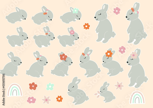 Sticker Pack with Grey Baby Bunnys with a flower on head. Little Sleep Rabbit. Cute Easter Animal. Hares Vector Spring illustration isolated on background. Design for card  print  book  kids story.