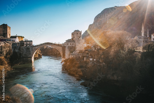 view of the river in the mountains in Mostar, Bosnia
