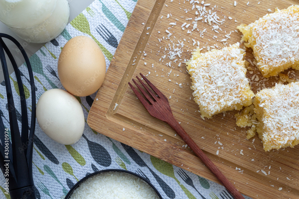 Coconut cake with condensed milk, traditional for Brazilian birthday