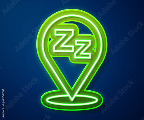 Glowing neon line Sleepy icon isolated on blue background. Sleepy zzz black talk bubble. Vector