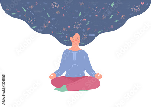 Woman meditats in lotus pose with hair full of flowers. Hand drawn cute yoga, mindfulness, relax, calm, breathing exercises.