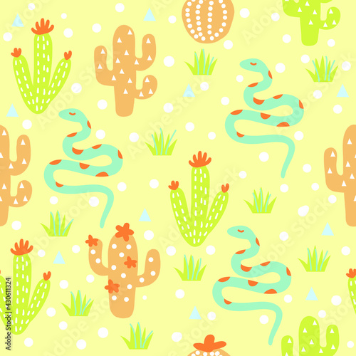 Western cactuses desert seamless pattern illustration. Wild West desert with cow skull, wheel and cactuses and snakes. Vector baby tender style color background