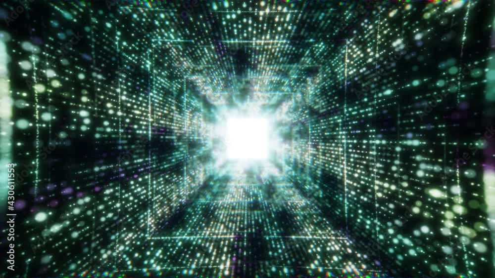 green digital matrix core tunnel of binar lights, neon glowing rays loop in motion into digital ai or iot technologic tunnels. 3D render