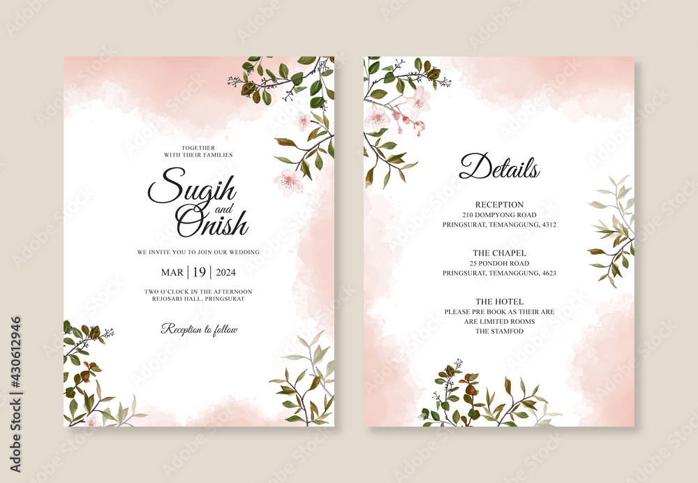 Beautiful wedding invitation template with watercolor plant