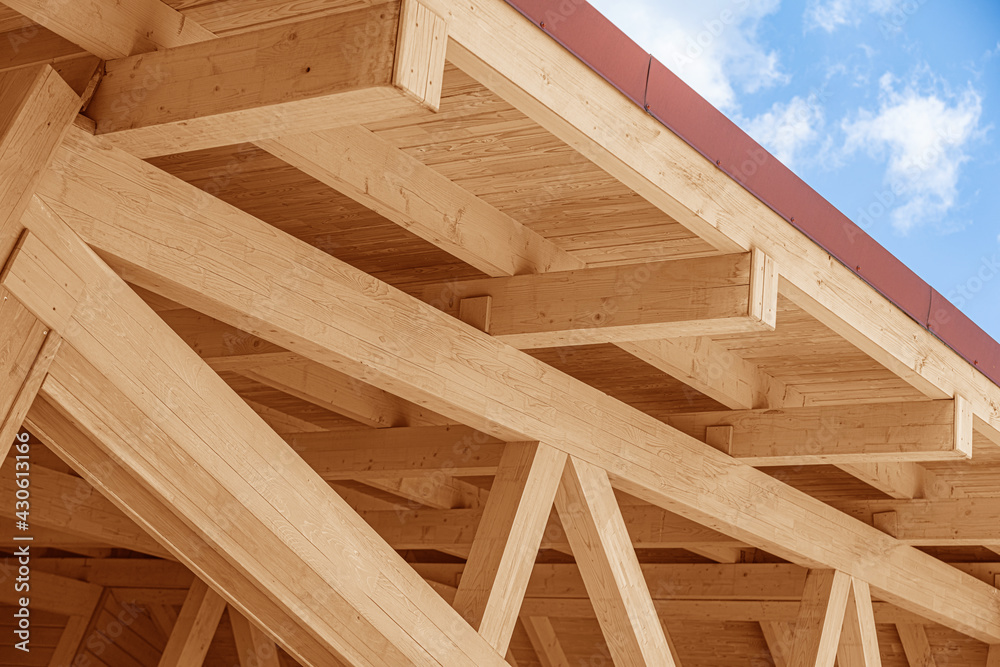 Wooden roof structure. Glued laminated timber roof. Wooden roof structure. Glued laminated timber roof.